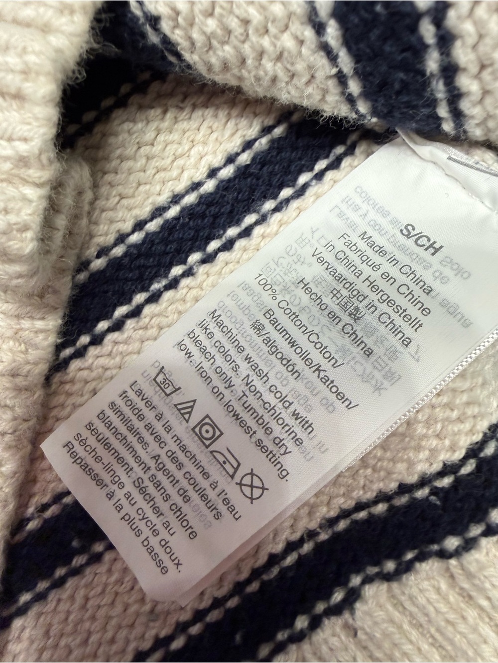J. Crew Men’s Cream and Navy Striped Shawl Neck Sweater - Picture 6 of 10
